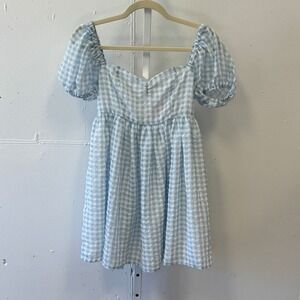 Sugar Thrillz Dolls Kill Mini Dress Gingham Plaid Puff Sleeve XS A-line Blue